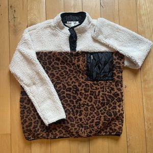 SEVEN7| Button Snap Sherpa Pull Over Leopard Sweatshirt